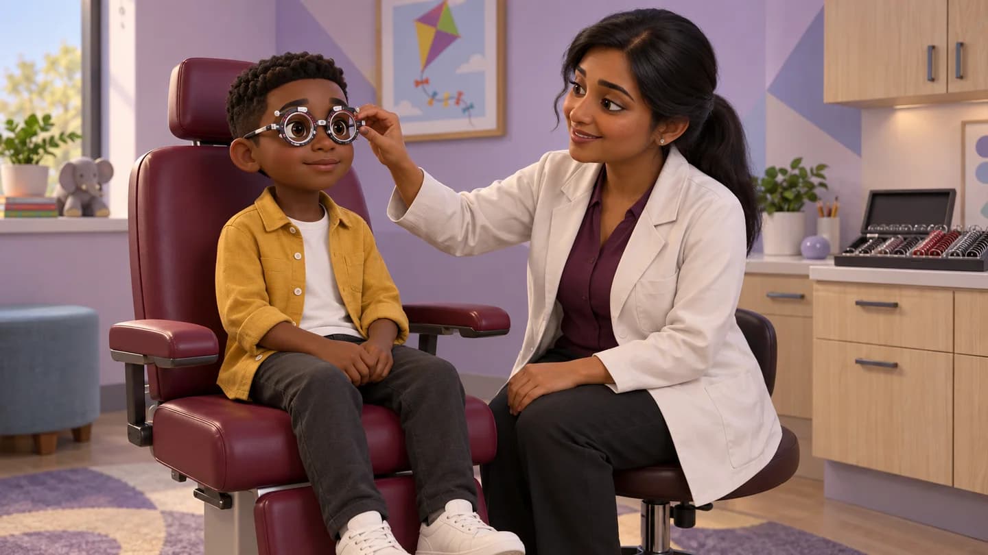 Animated eye-exam concept with a child and a friendly eye-care provider