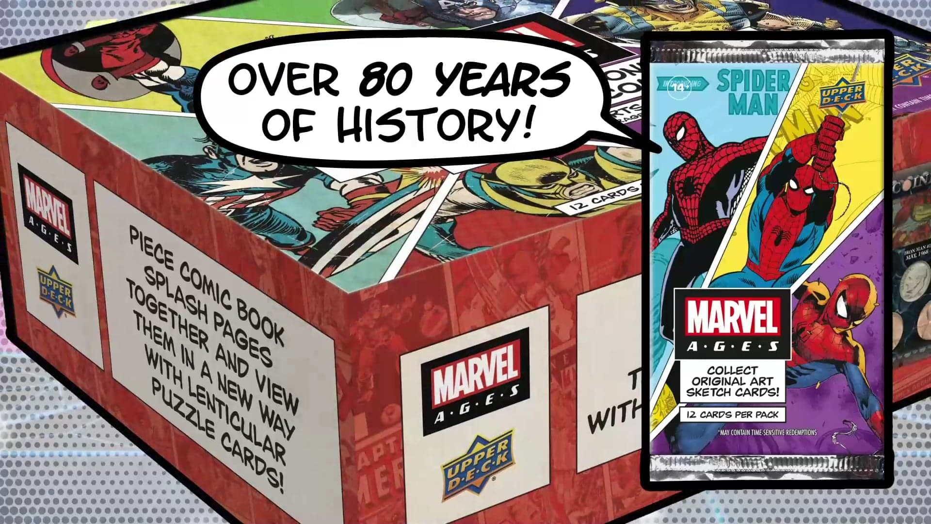 Animated Marvel trading card package with comic-book graphics