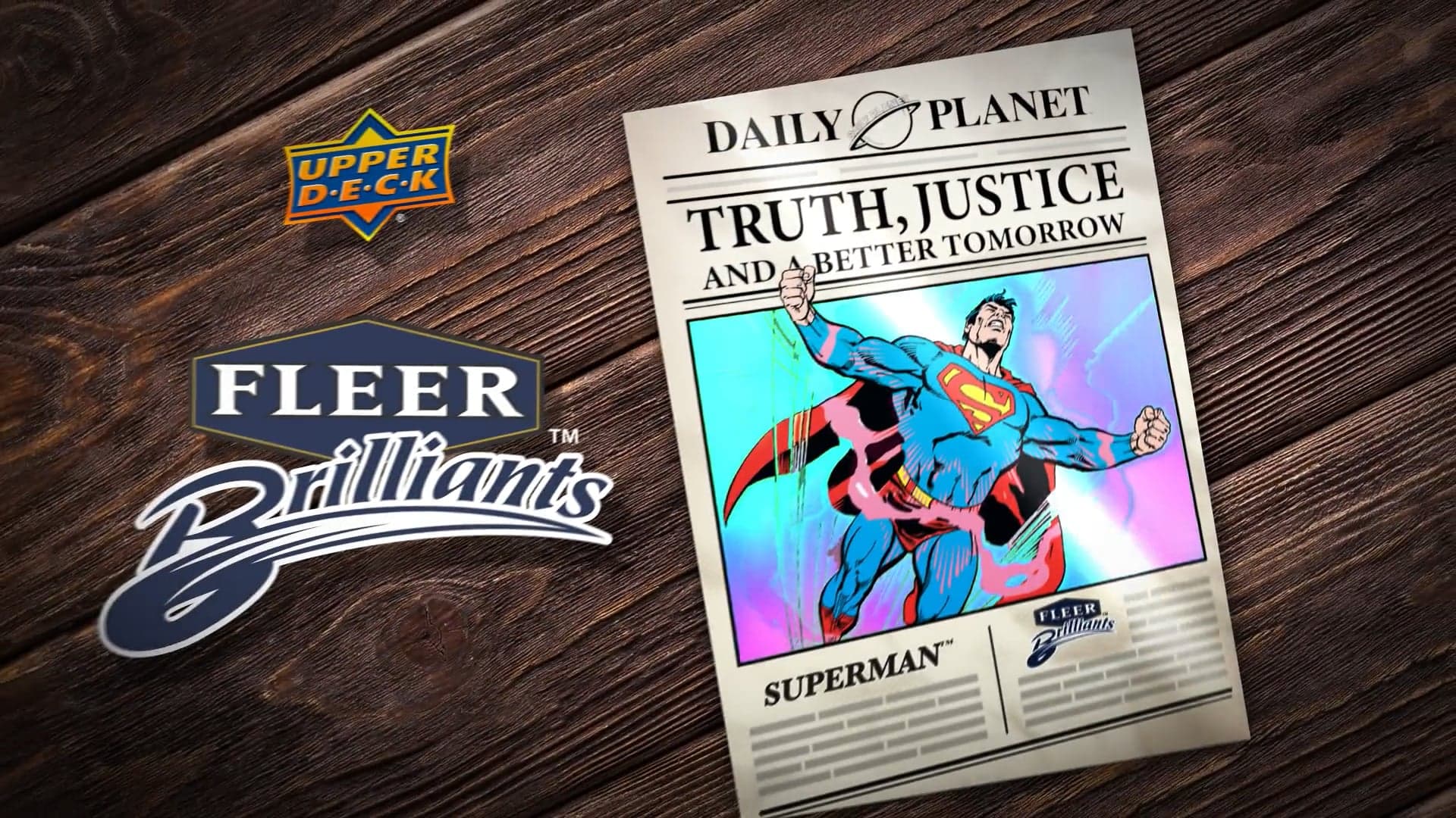Animated Superman trading card arranged with branded typography