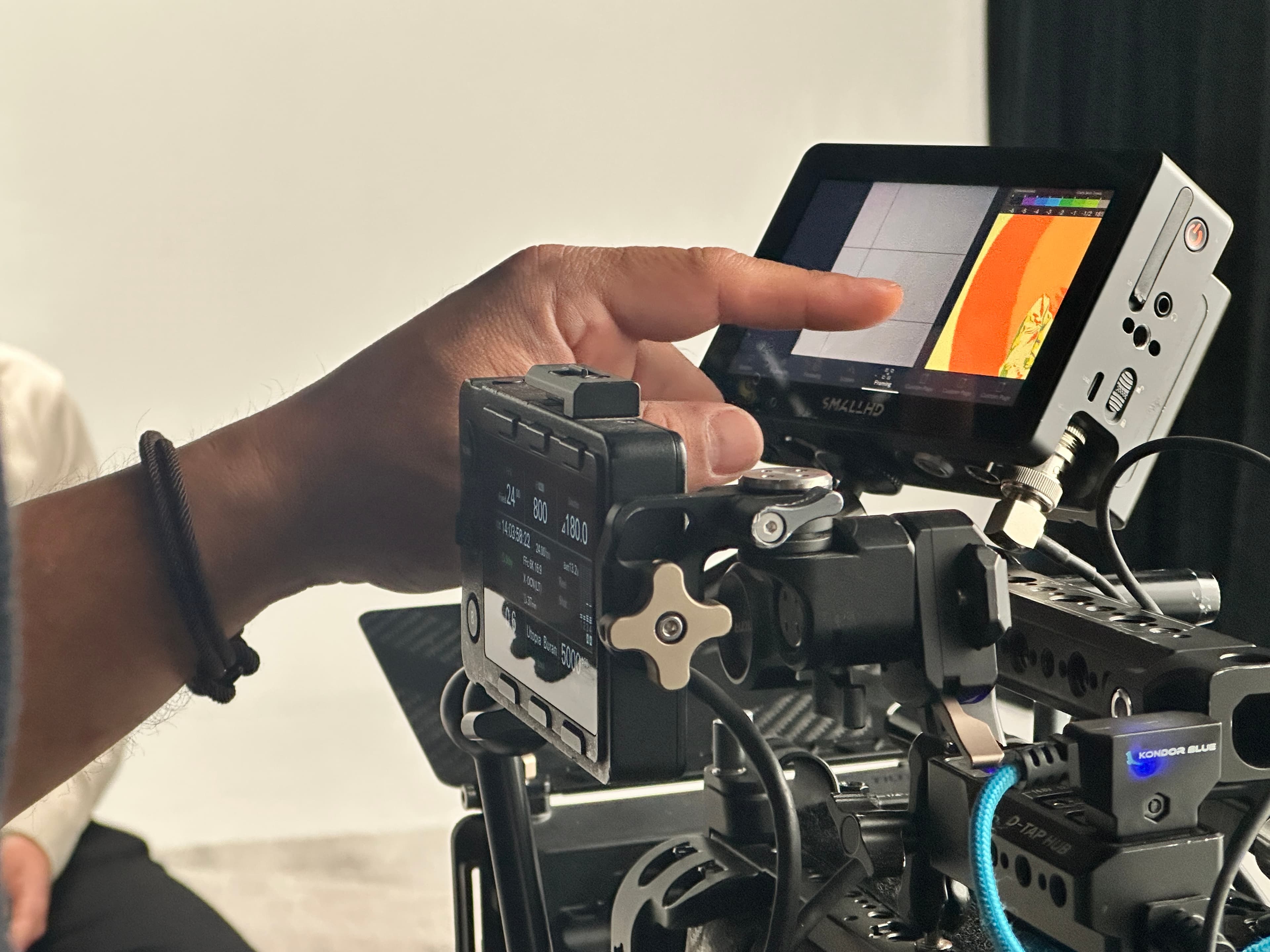 Cinema camera monitor being adjusted during a studio shoot
