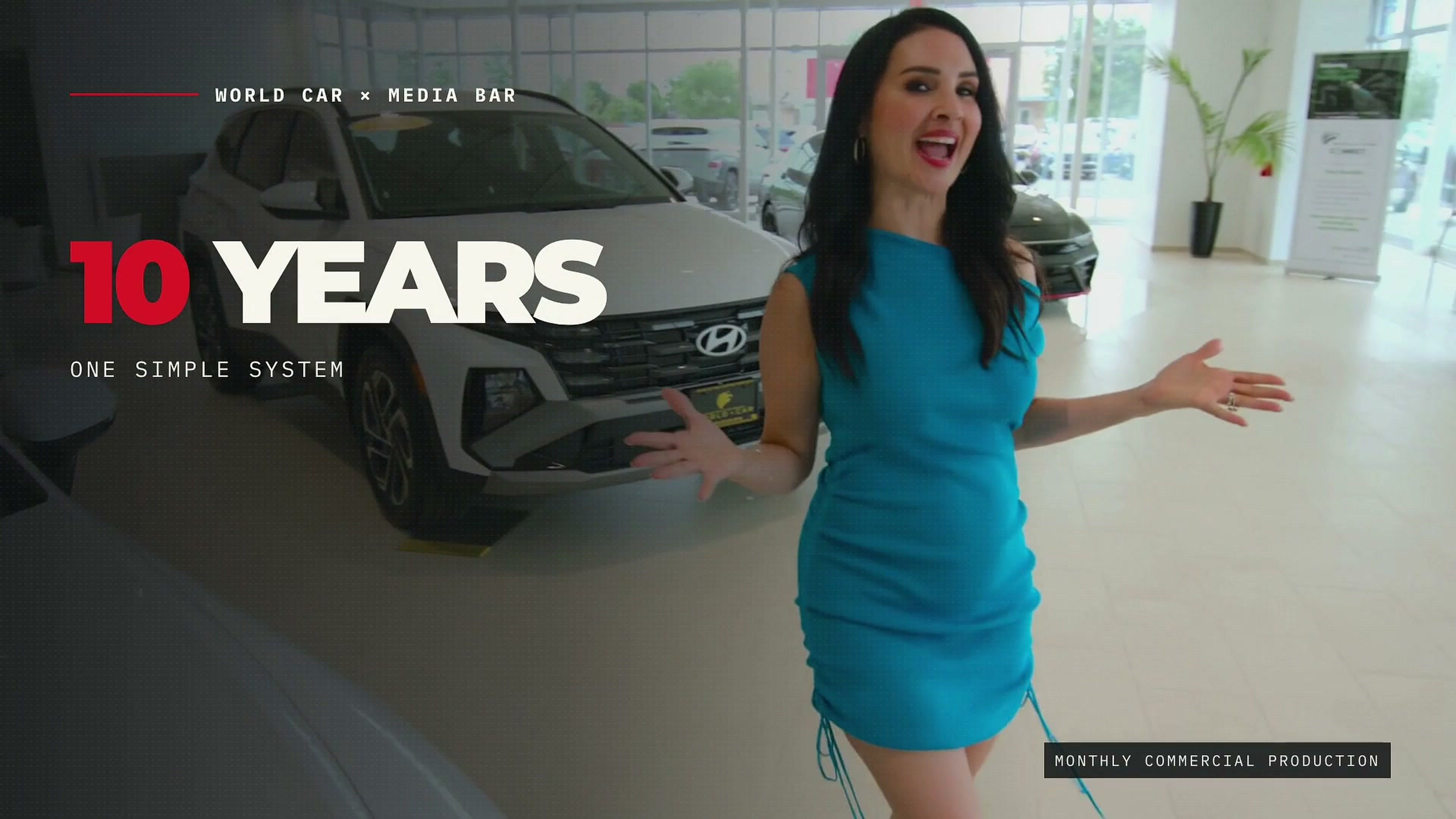 World Car spokesperson presenting a vehicle during a recurring commercial production
