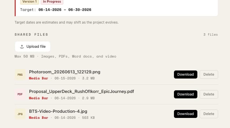 Media Bar client portal showing organized project files