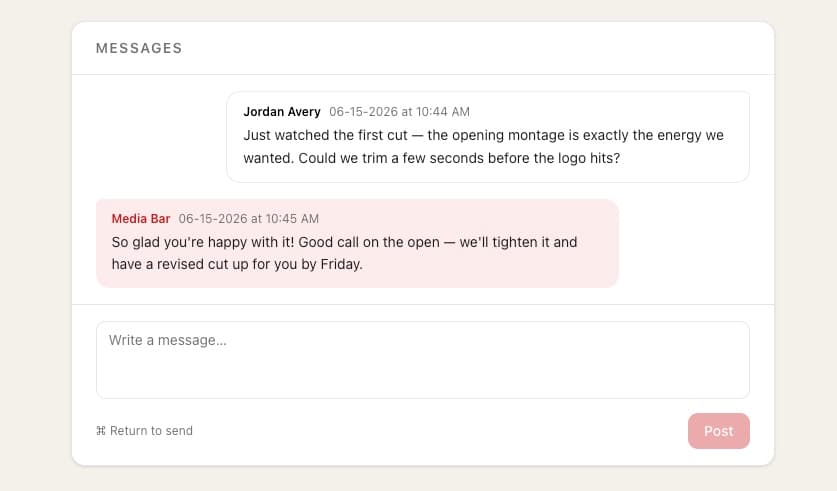 Media Bar client portal showing a project feedback conversation