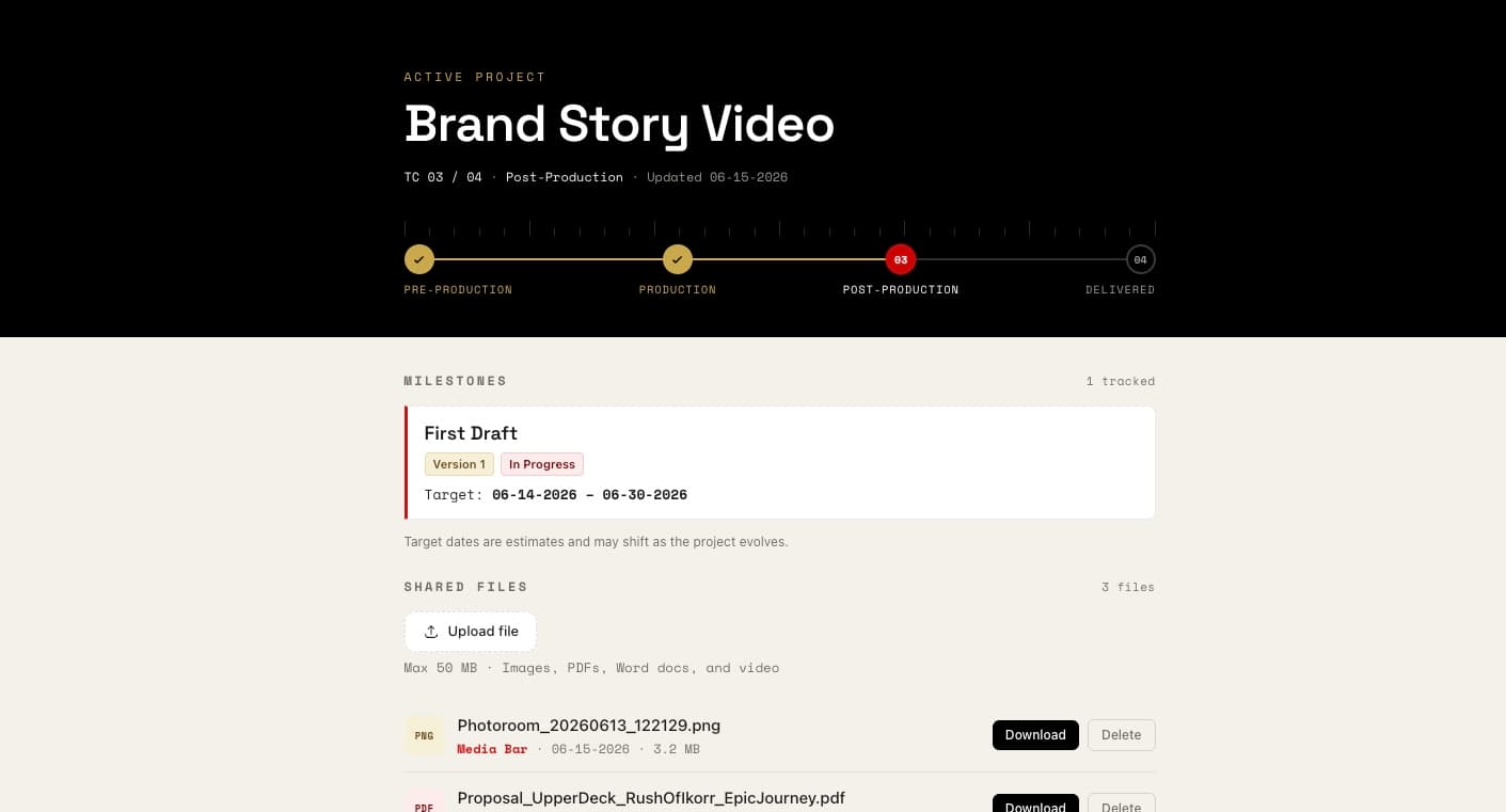 Media Bar client portal showing a project timeline and milestones