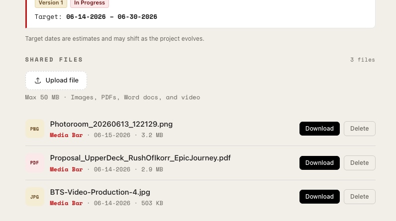 Screenshot of the Media Bar client portal showing organized project files and deliverables