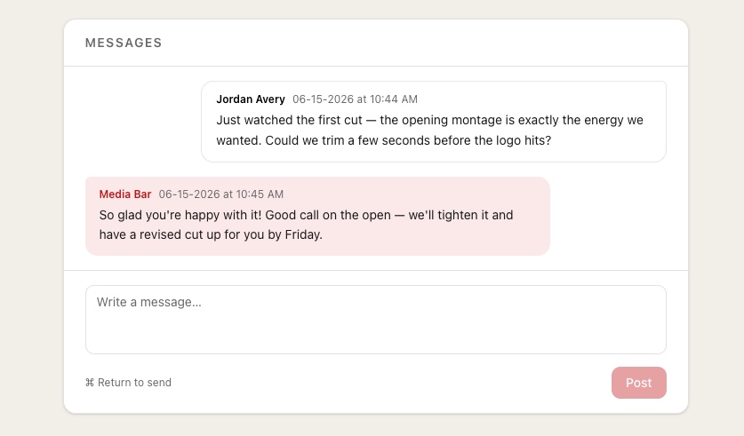 Screenshot of the Media Bar client portal showing a feedback thread on a rough cut