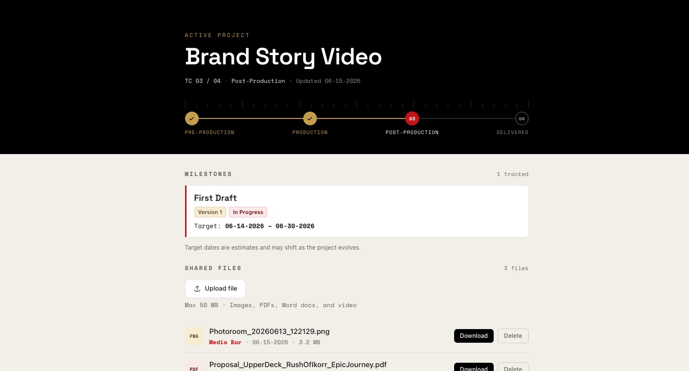 Screenshot of the Media Bar client portal showing a live project timeline with phase milestones